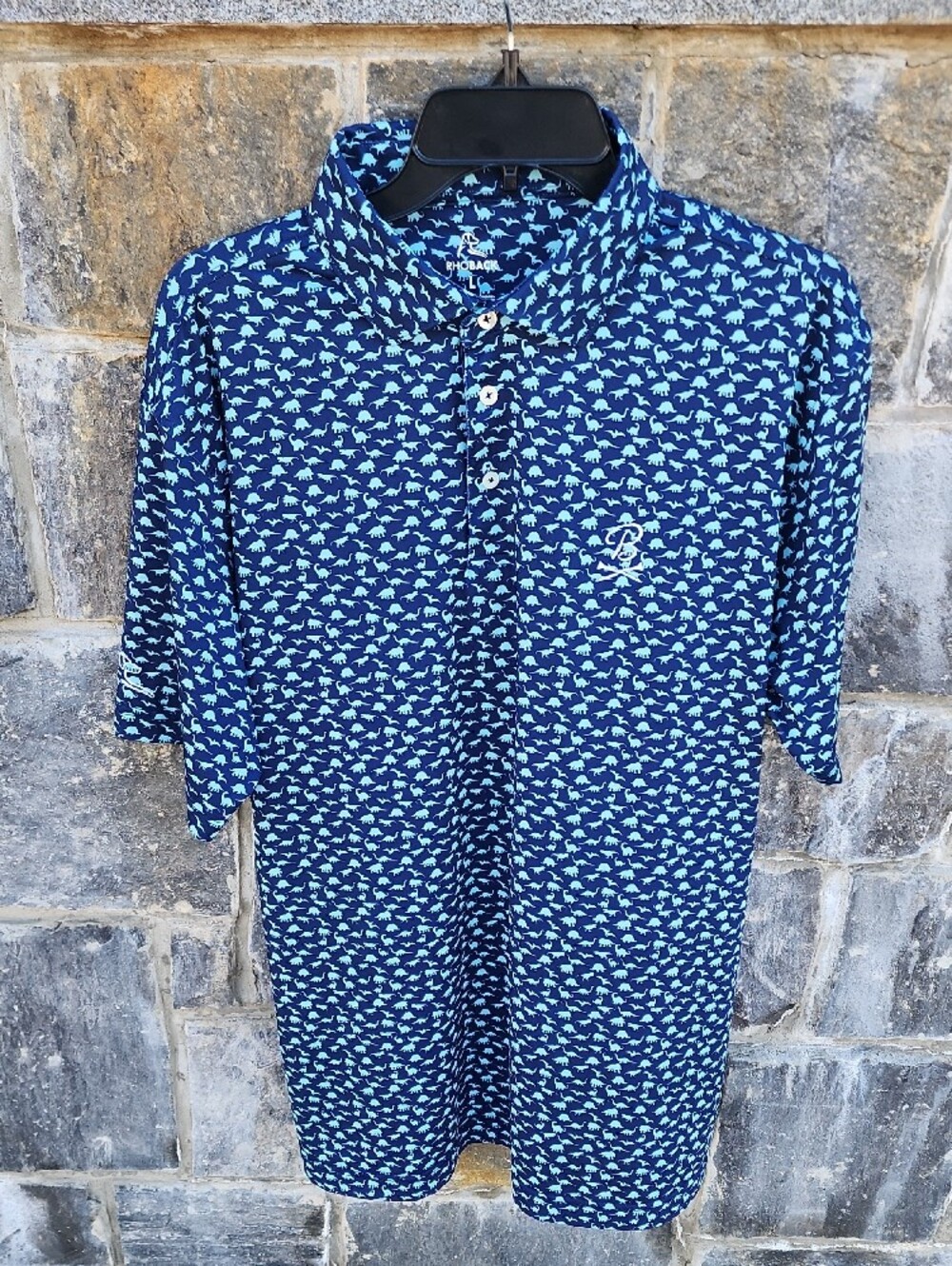 Rhoback Navy and Light Blue Dino-Print Polo size L
